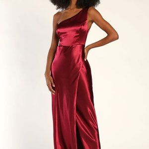 Wine Red Satin One Shoulder Maxi Dress